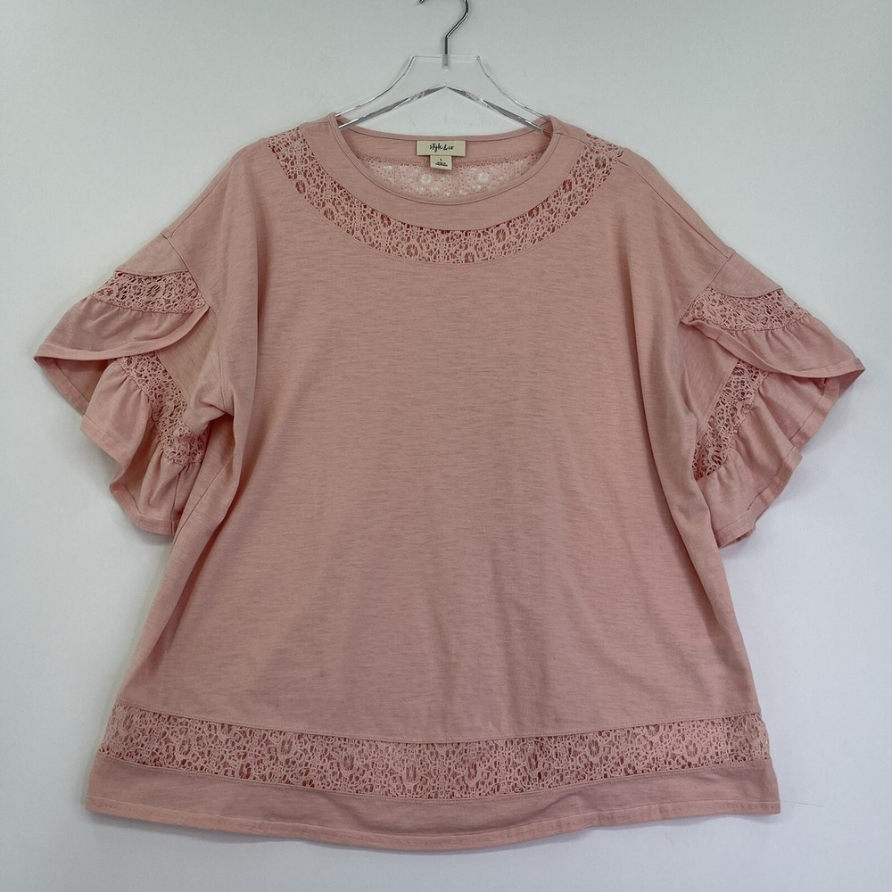 Style&co. Blouse Womens Top Large Pink Lace Short Sleeve Shirt